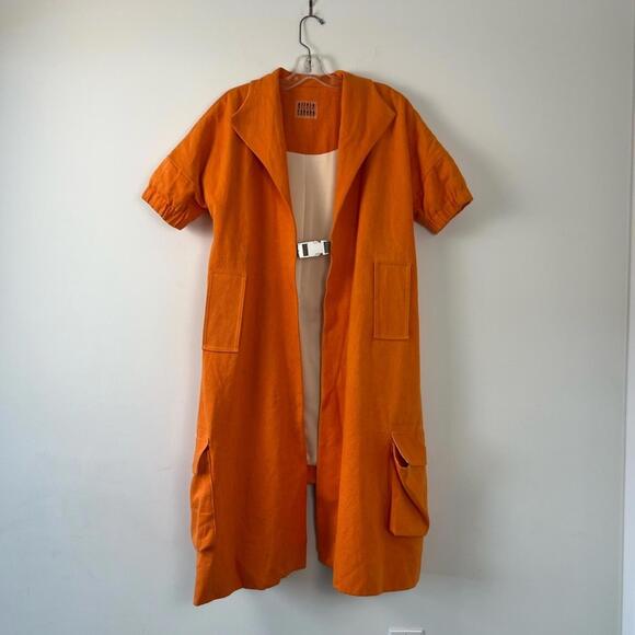 Olivia Rubens Luxe Sashiko Hemp & Silk Coat Dress in Vivid Orange - Picture 2 of 15